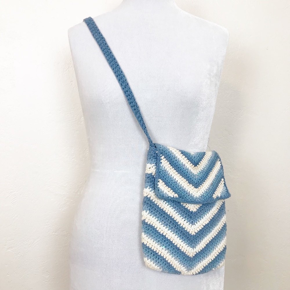 Crossbody Bag Crochet Cotton Blue + White Cute Boho Festival Hippy
